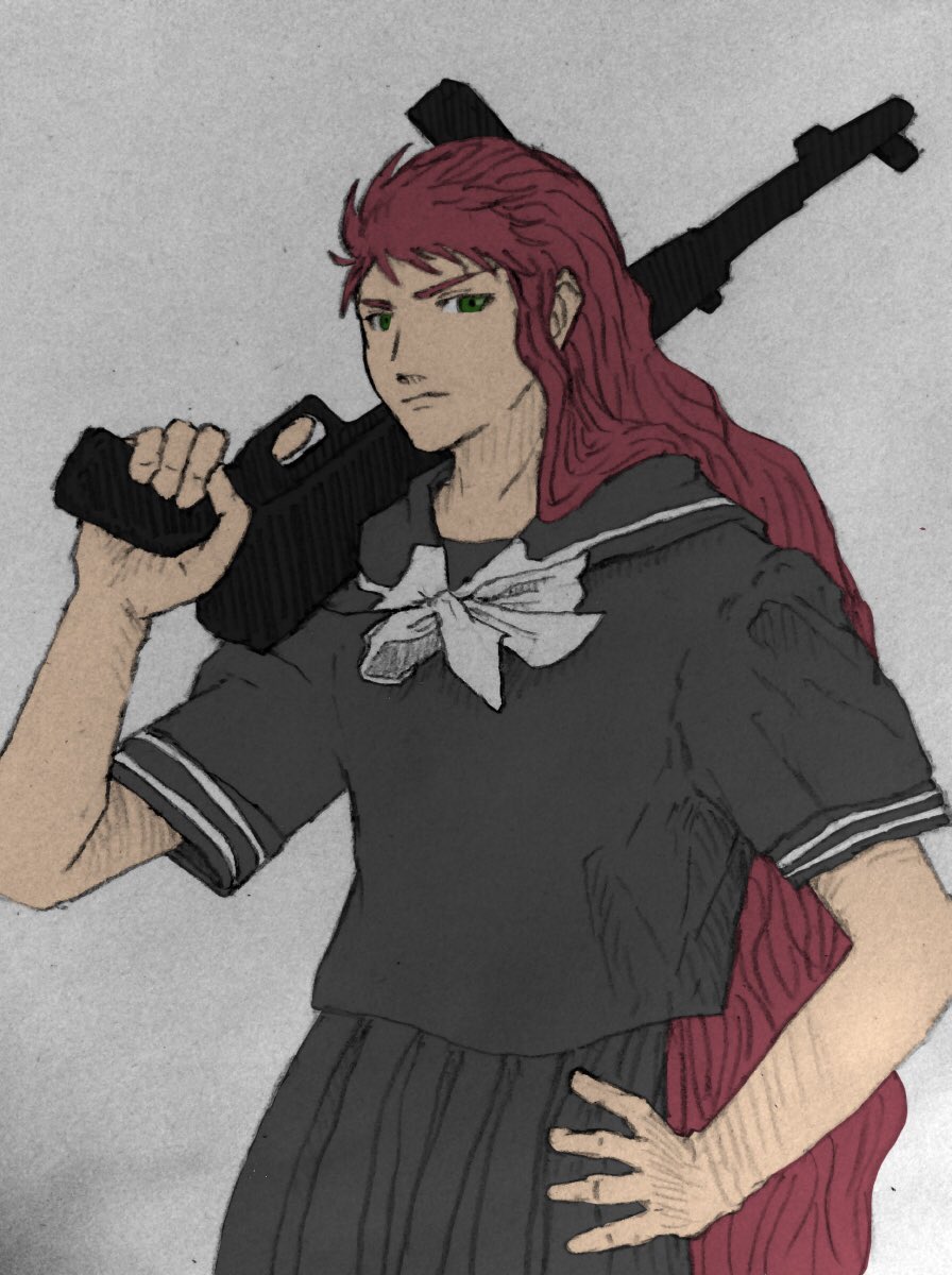 1girl weapon solo long hair over shoulder gun school uniform  illustration images