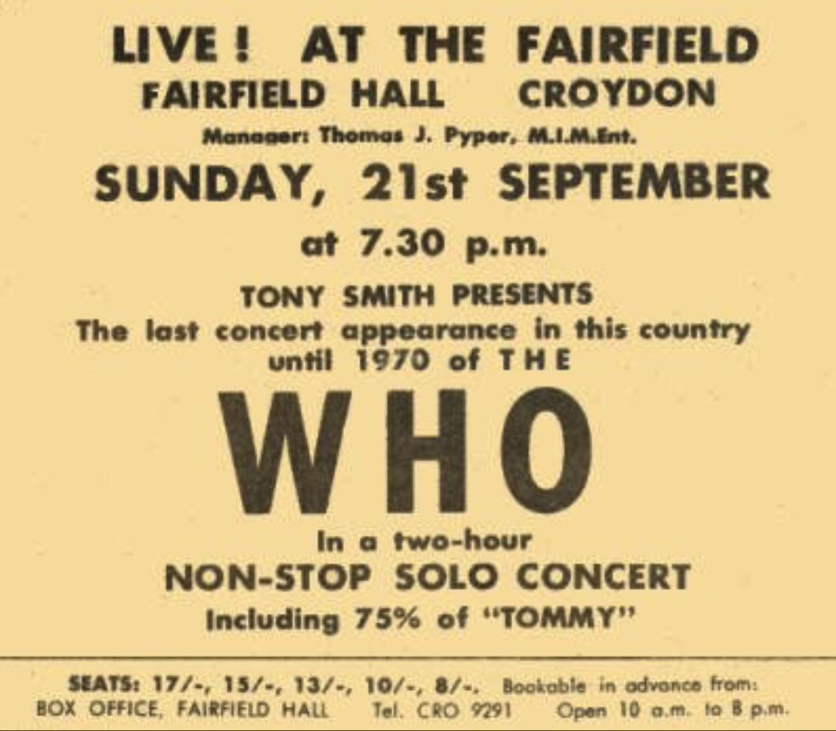 .<a href="/TheWho/">The Who</a> played <a href="/FairfieldHalls/">Fairfield Halls Fan</a> 50 Years ago this evening, their last UK concert of 1969. Were you there? The musical pedigree of Fairfield is something Croydon should be incredibly proud.  <a href="/BHLIVE_UK/">BH Live</a>  <a href="/rogerdaltrey/">Roger Daltrey</a> <a href="/MOJOmagazine/">MOJO Magazine</a> <a href="/paulwellerHQ/">Paul Weller</a> <a href="/Quadrophenia_uk/">Quadrophenia UK</a> <a href="/ourfairfield/">Our Fairfield</a>