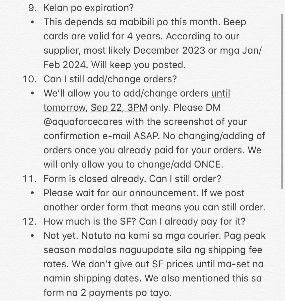 aquaforceshop's tweet photo. FAQs!!! #AFSHelp for EXO x Beep Cards
As for final shipping dates, around last week of Oct-2nd week of Nov.
Again, final announcement if mag-oopen pa kaming slots is by tom morning not later than 12 NN.
‼️ Those who want to change/add orders, please refer to no. 10 https://t.co/RuncZTMCTr
