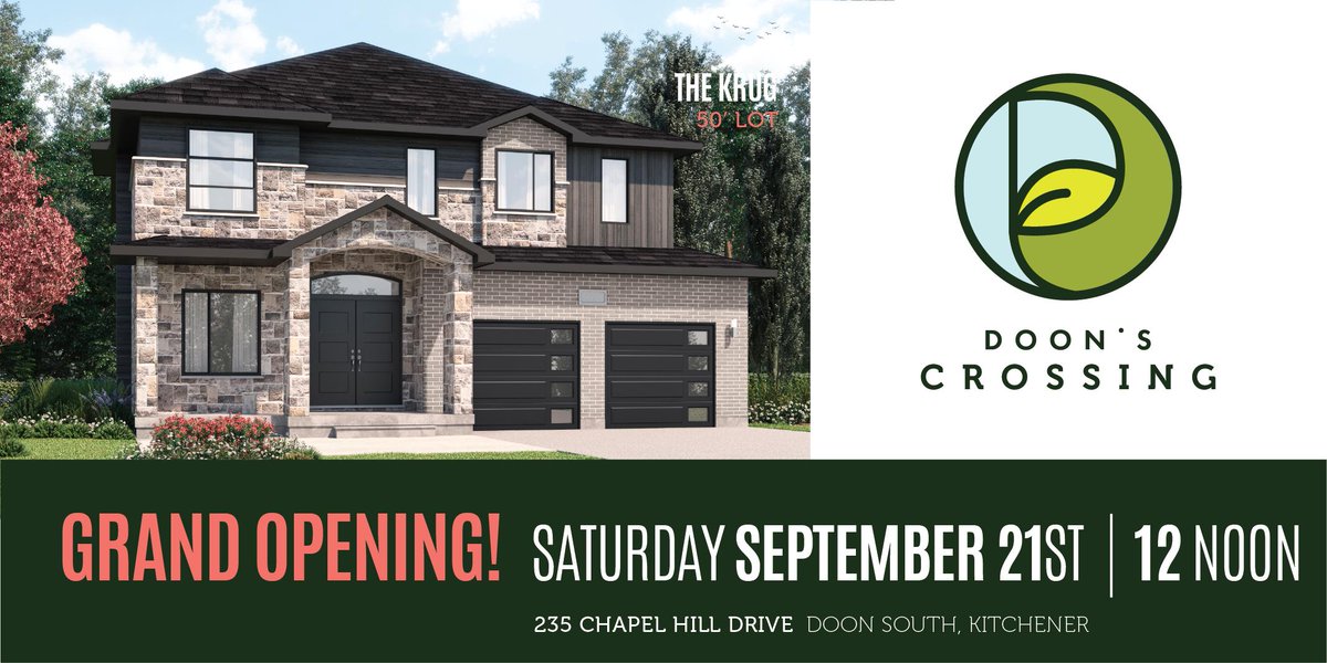 trilliumwest's tweet photo. Join us today at 235 Chapel Hill Dr from 12 pm - 5 pm for the grand opening of the Doon's Crossing Sales Centre! With 9 different models available, your family is going to find their dream home today! We can't wait to see you! @TedRussell72 @CaCrescent  #MovetoKW https://t.co/d8aQF2J6A8