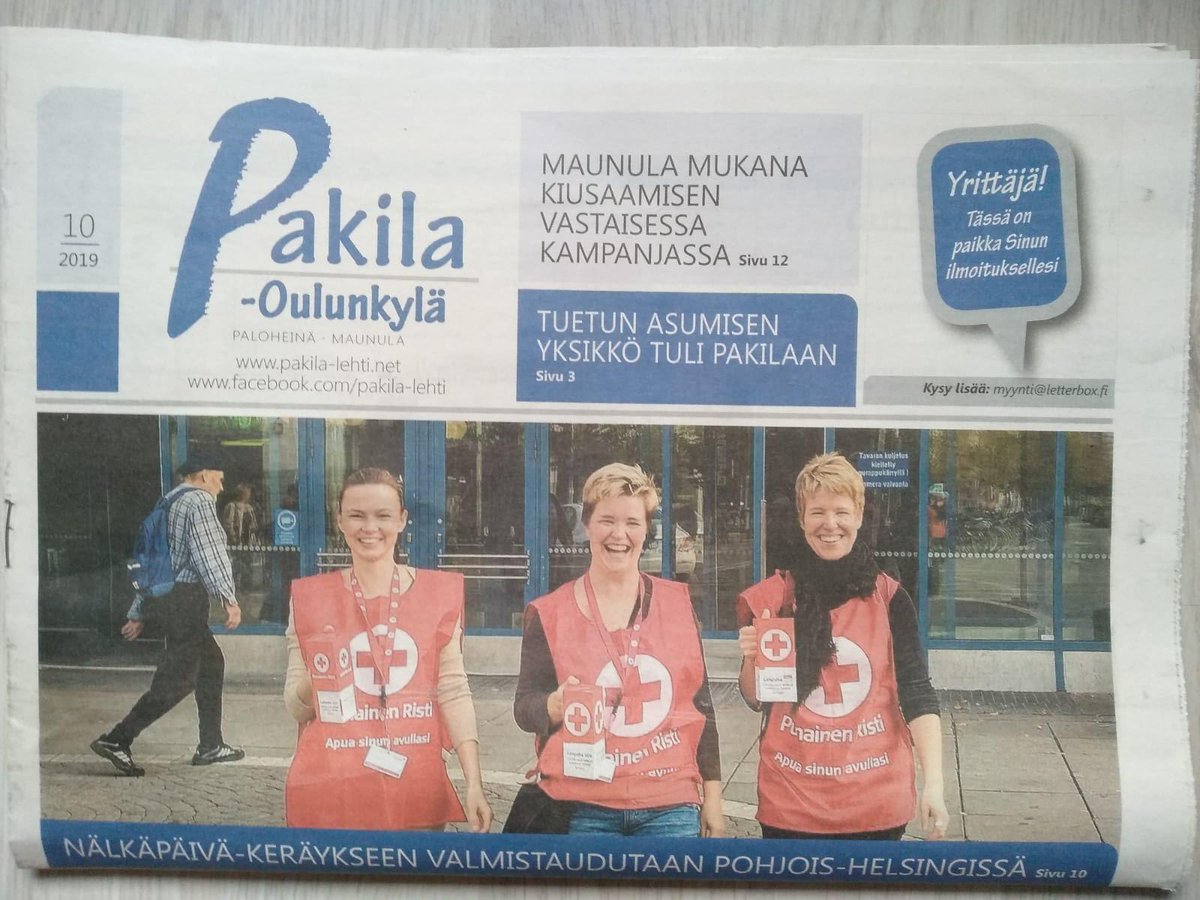 SPRPohjoisHki's tweet photo. Mahtavaa kun paikallislehdet antavat tällaista näkyvyyttä Nälkäpäivälle! Meidän vapaaehtoisista tuli kansikuvatyttöjä. Ens viikolla nähdään turuilla ja toreilla!  #nälkäpäivä #punainenristi https://t.co/3lzAuthSaB