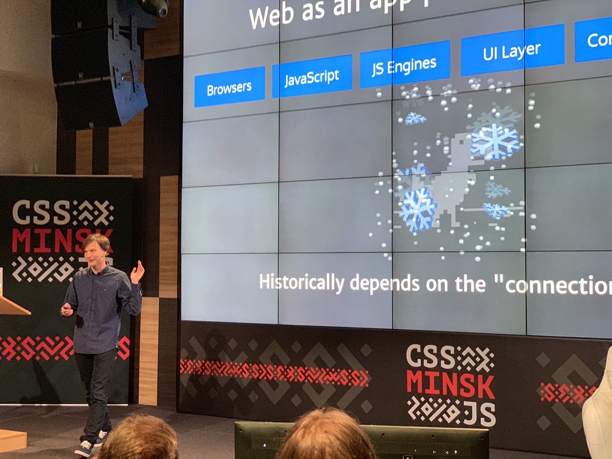 obenjiro's tweet image. @webmaxru Setting stage on fire 🔥 here at @CSS_Minsk_JS #pwa #offline #offlinefirst (you can get that from a snow on slides 😅)