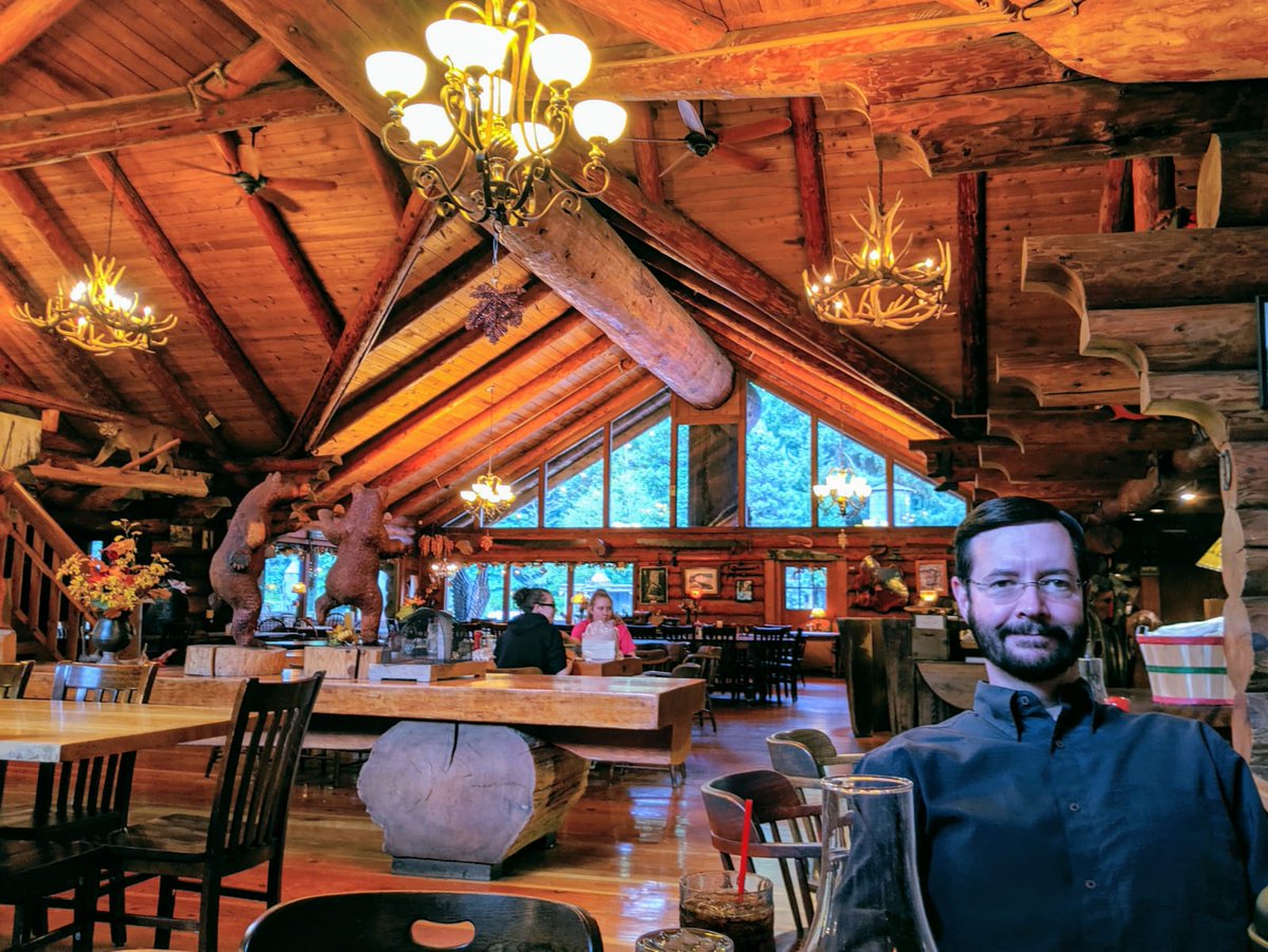 TrekkerTalk's tweet photo. A delicious dinner with friends Lyn and @Ron_Randall and Paul Hutchinson at #Camp18 near the Oregon Coast! The beautiful log cabin restaurant and museum is stunning. https://t.co/N1d8ruqZSz