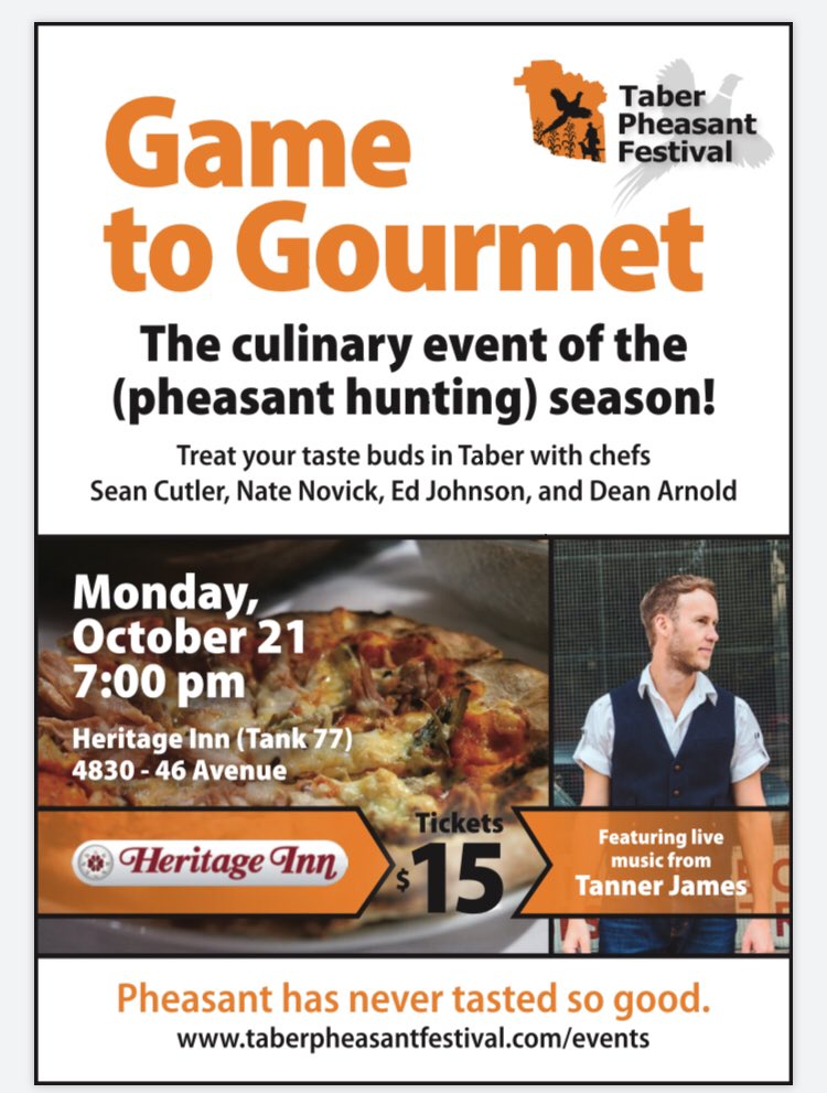 TannisBaker1's tweet image. Check out the annual Game to Gourment in Taber Oct 21st.  Rumour has it there are a few tickets left for the novice hunt as well.  such a fun event- delicious pheasant dishes served by  Sean Cutler, Nate Novick, Ed Johnson &amp;amp; Dean Arnold