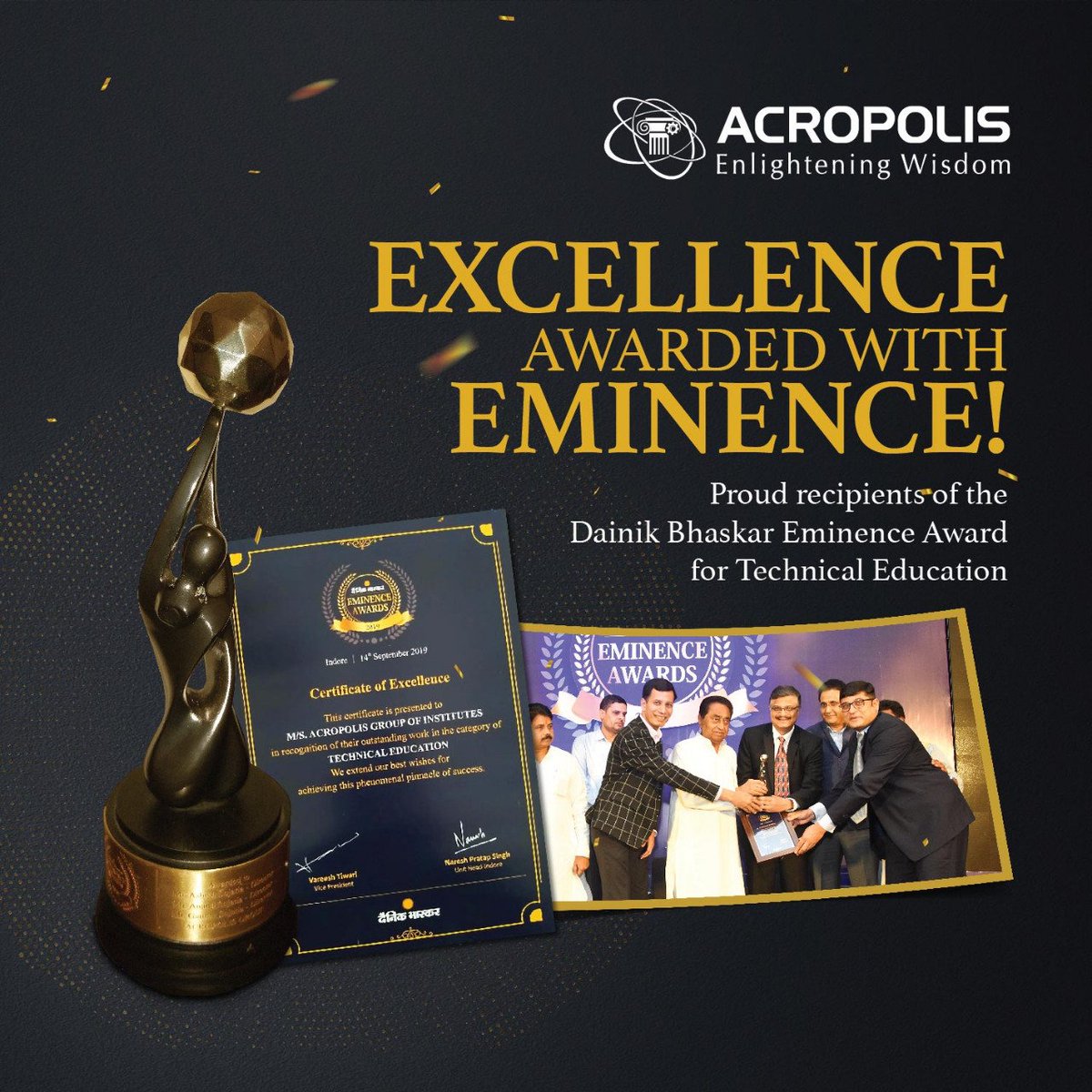 AcropolisIndia's tweet photo. We are proud of the recognition and accolade conferred on #AcropolisGroup at #EminenceAwards by #DainikBhaskar.
__
#AcropolisIndore #AcropolisGroupOfInstitutes #AcropolisCollege #Indore #MadhyaPradesh #EminenceAwards2019 #College https://t.co/HOa26G210e