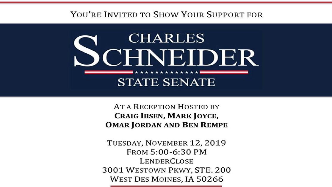 OmarQJordan's tweet image. Our good #friend State Senator @SenSchneider is the President of the #IowaSenate. Myself along side @BenjaminRempe, Craig Ibsen and Mark Joyce, are delighted to #invite you to this #reception located at @LenderClose. For more details and online #donations: secure.anedot.com/schneider-for-…