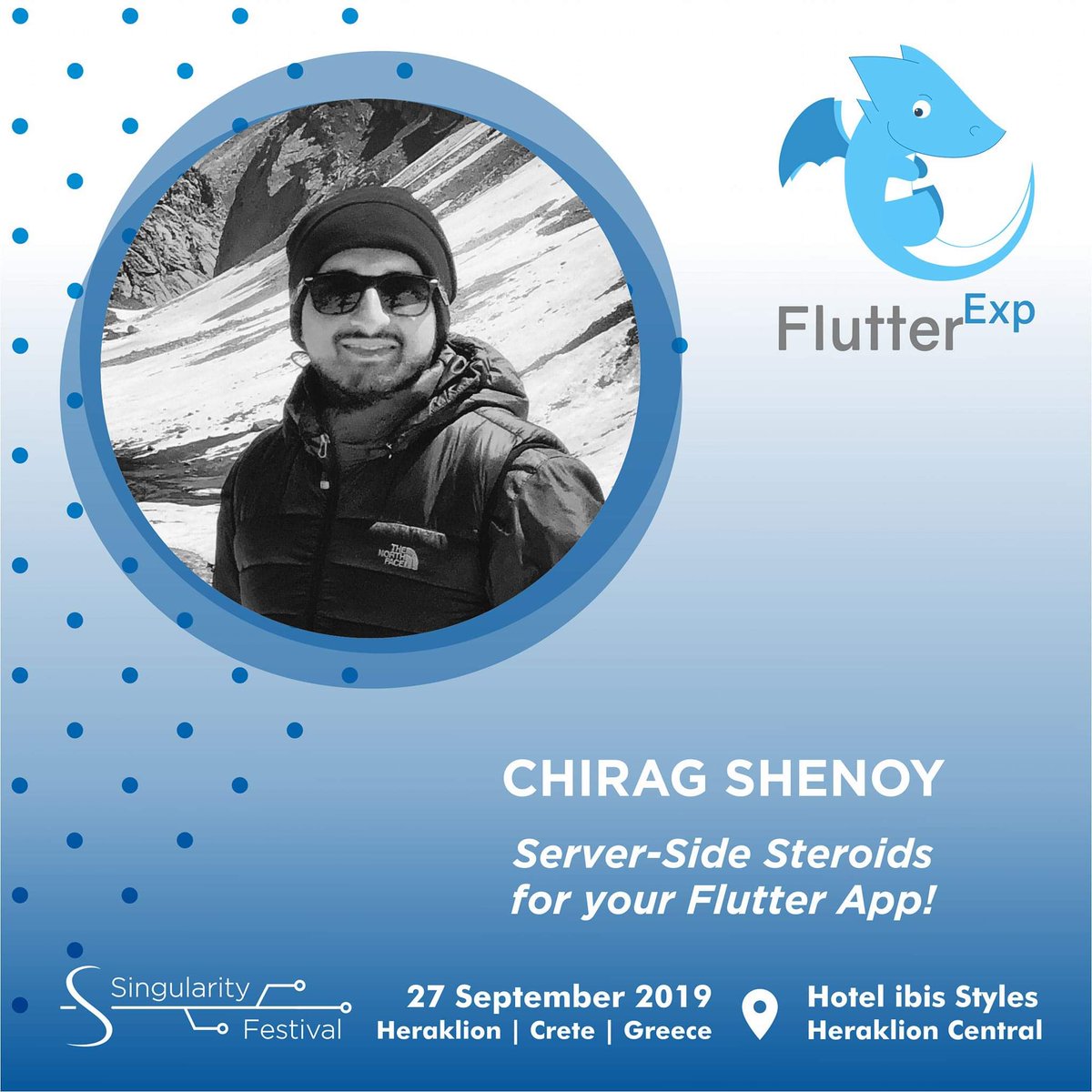 ExpFlutter's tweet photo. โIt's @chiragshenoy turnโ
With Hes talk: "Server-side Steroids for your Flutter App".
๐ DON'T MISS HIS TALK on 27th September 2019 at #FlutterExpGr during the Singularity Festival in #Crete
@SingularityWeek
Discover more:
https://t.co/0H7jbtVc1M https://t.co/B7o4iTTDSC