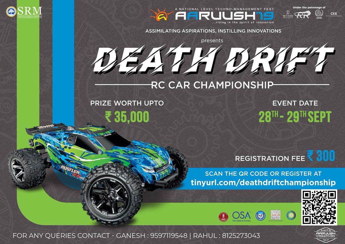 aaruushsrmist's tweet photo. Gear up &amp; get your rides ready to melt some serious rubber. Aaruush'19 presents to you the Death Drift, an RC Cars Championship. Register if you’ve got what it takes to be the Drift King! Let the race begin! 
Reg: https://t.co/dNzcSnbi3a
#aaruush19 #deathdrift #rcracing #rccars https://t.co/wNtsjmcvvQ