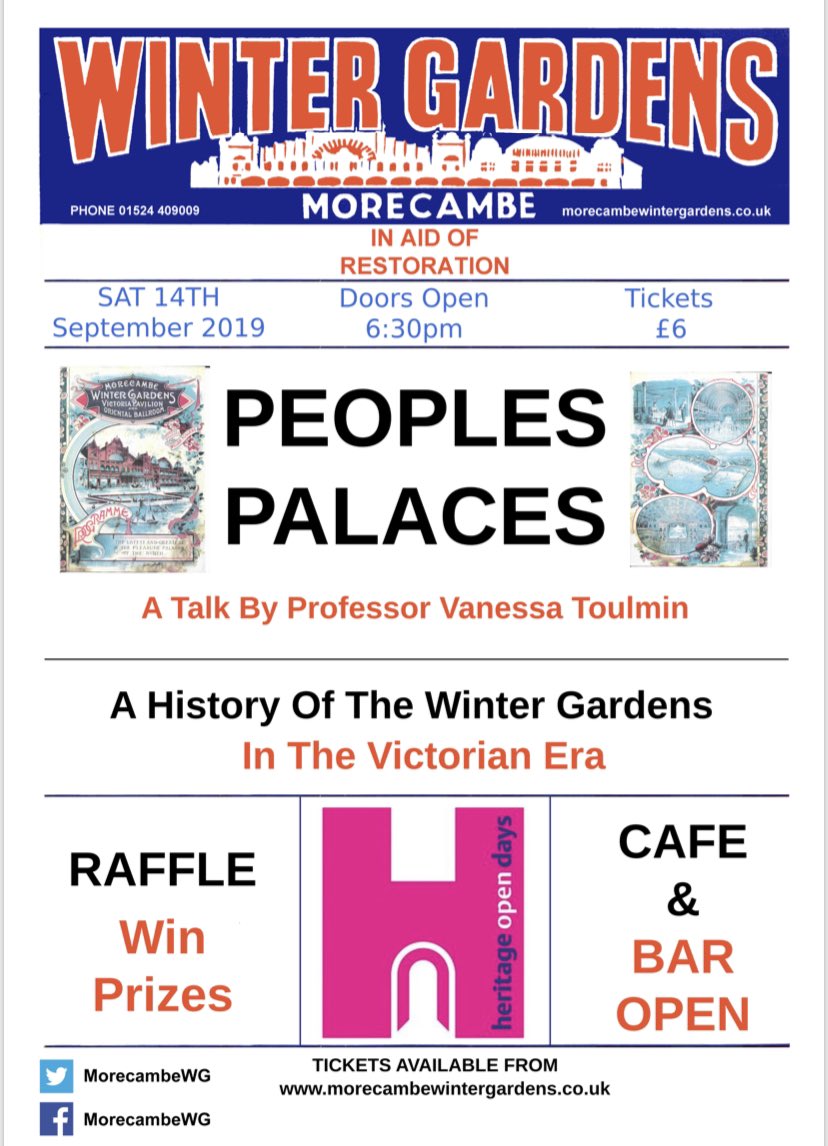 MorecambeWG's tweet photo. Well today’s the day. Start of our Heritage Open Days weekend. We will be opening at 11am. Come along and enjoy refreshments in our Cafe &amp; Bar 🍰☕️🍺🍷There are still a few places available on our tours. You can still get tickets for the People’s Palaces talk too. https://t.co/u1fg6Znjpl
