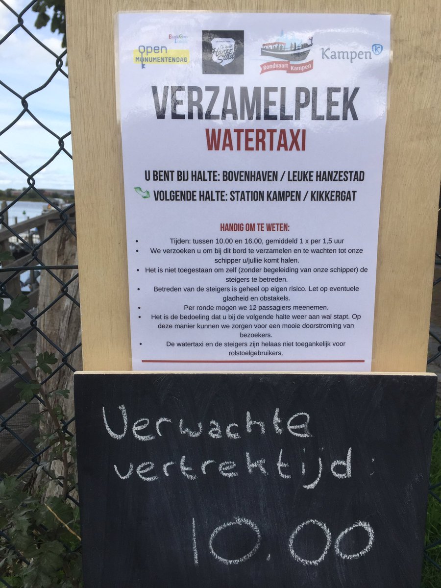 Watertaxi <a href="/OpenMonumentdag/">VriendenLoterij Open Monumentendag</a> Kampen 
Opstapplekken (te herkennen aan de bordjes):
🔹 Bovenhaven
🔹 Kikkergat
🔹 Koggewerf

⏰ Van 10.00 - 16.00
Verwachte vertrektijden worden ter plekke aangegeven op krijtbordjes en iedere ronde bijgewerkt door de schipper. Meevaren is gratis.