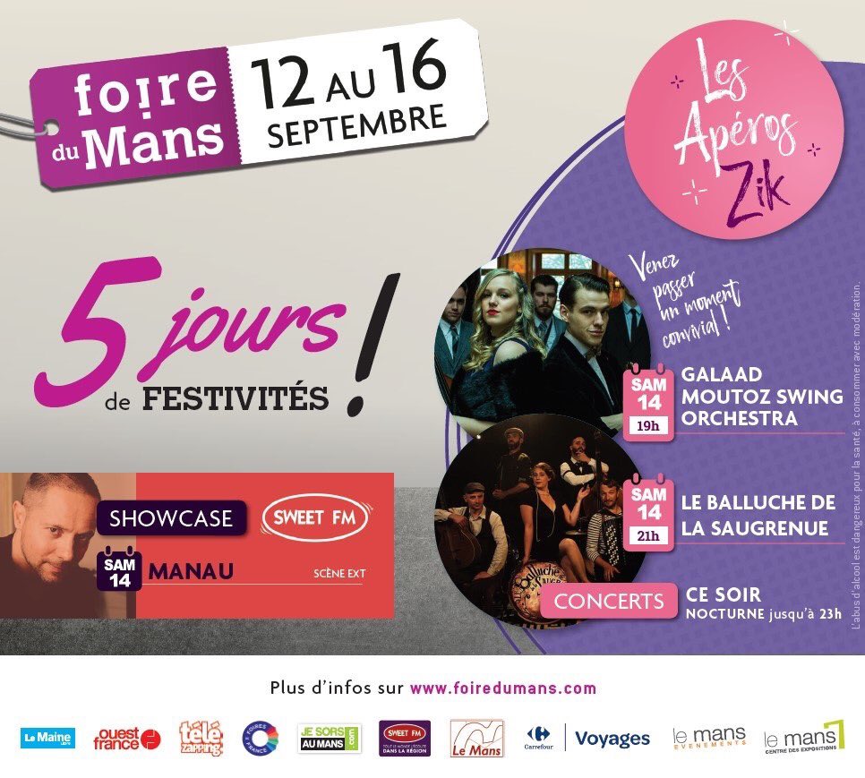 La <a href="/FoireduMans/">FoireduMans</a> se poursuit ce samedi. L’artiste manau et sa tribu de dana viendra a la rencontre des visiteurs dès 18h sur la scene <a href="/SweetFmRadio/">Sweet FM</a> les apéros’zik accompagneront votre soirée dès 19h #LeMans <a href="/lemansevenement/">Le Mans Evénements</a>