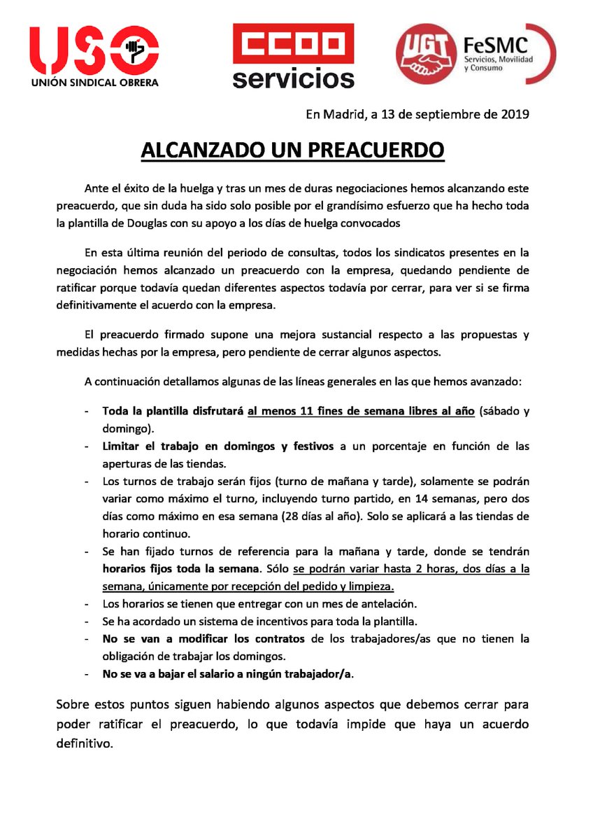CCOO's tweet photo. Gracias al éxito de la Huelga en perfumerías @Douglas_esp se logra un preacuerdo. 
Enhorabuena a todas y todos los trabajadores, https://t.co/MVn3NJGU7S