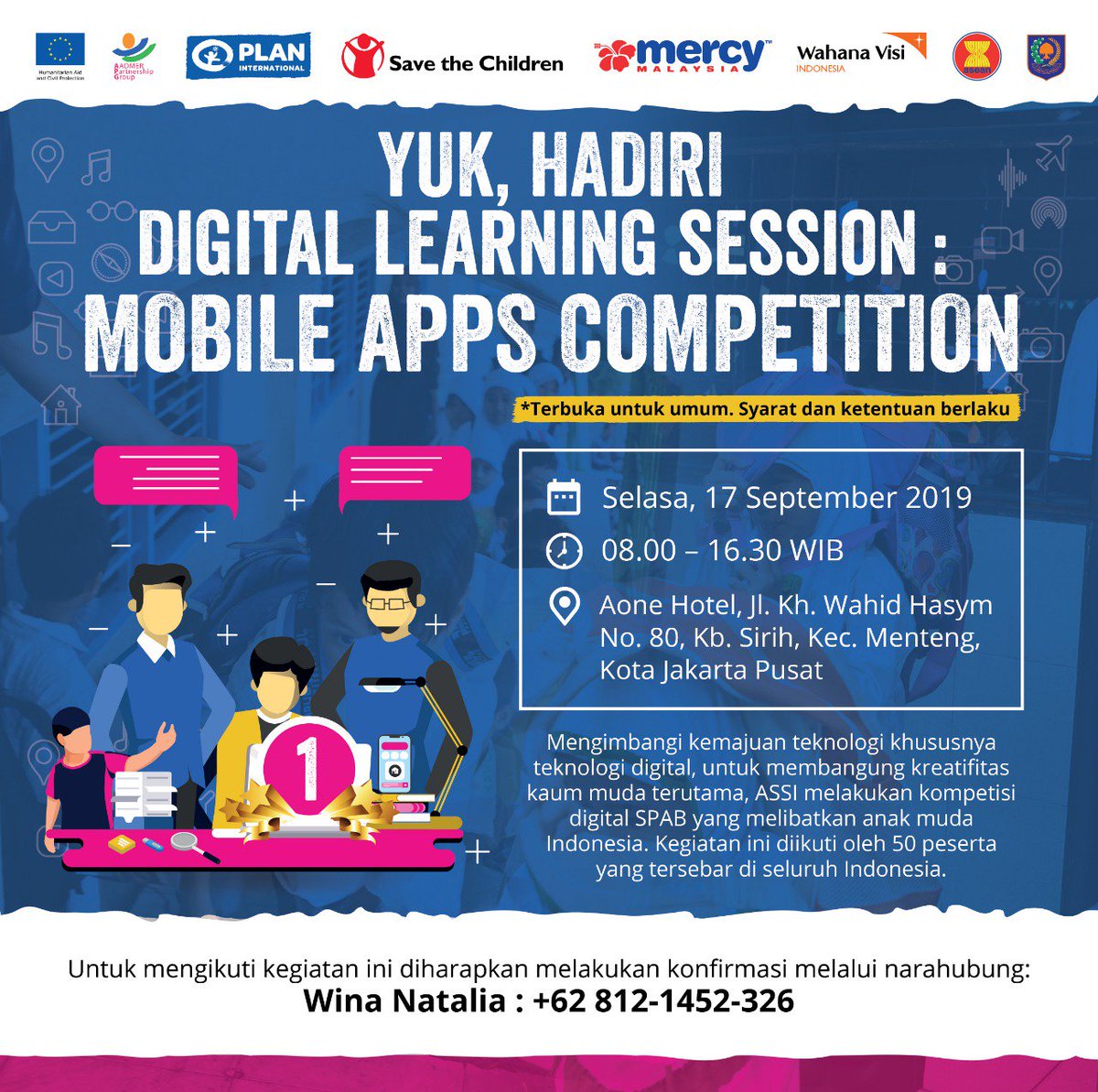 ASSI (@assi_asean) on Twitter photo Yuk datang dan simak "digital learning session" bertemakan sekolah aman! Ada 5 kelompok anak muda terbaik lho yang bakal memaparkan karya inovasi digital mereka. Catat kapan dan dimana ya! <a href="/PlanIndonesia/">Plan Indonesia</a> <a href="/nataliawina/">Wina Natalia</a> Yuk datang dan simak "digital learning session" bertemakan sekolah aman! Ada 5 kelompok anak muda terbaik lho yang bakal memaparkan karya inovasi digital mereka. Catat kapan dan dimana ya! <a href="/PlanIndonesia/">Plan Indonesia</a> <a href="/nataliawina/">Wina Natalia</a>