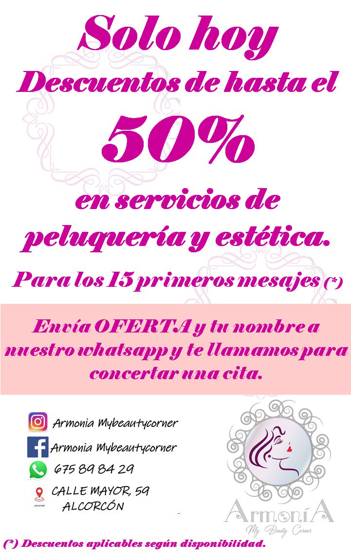 my_armonia's tweet photo. Te esperamos hoy en @my_armonia con esta super oferta! Ven y ponte guap@! #ofertasalcorcon
#alcorconcity 
#alcorcon 
#mostoles 
#peluqueriaalcorcon 
#ponteguapa https://t.co/nRonygvsFo https://t.co/8xA5vkPSaG