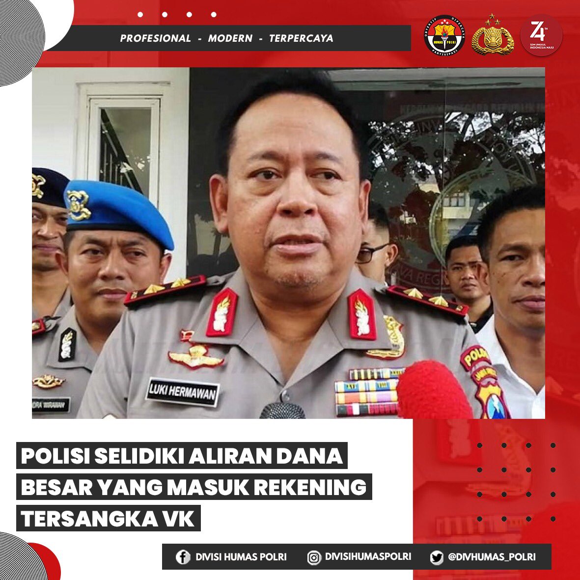 DivHumas_Polri's tweet photo. Polda Jawa Timur (Jatim) menemukan aliran dana dalam jumlah cukup besar masuk ke rekening bank VK, tersangka provokasi di Asrama Mahasiswa Papua (AMP) Surabaya. Dana itu diambil di beberapa wilayah yang konflik, di antaranya di Surabaya dan Papua. https://t.co/VilRUae0fW