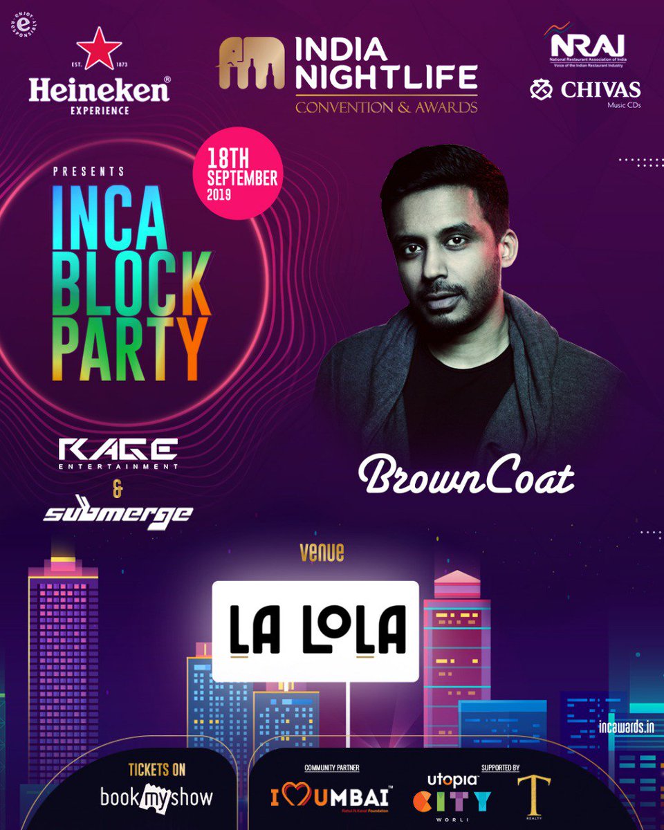 INCAwardsdotin's tweet photo. This block party is going to be a rager with @NawedKhan_ , Bullzeye, @NeyhaTolani and @noshnsj from Rage Entertainment and @Submergemusic at La Lola. You don't want to miss this one!
.
Head to the link in our bio to buy your tickets.
.
#INCABlockParty #Nightlife https://t.co/l6ubk3zC8a