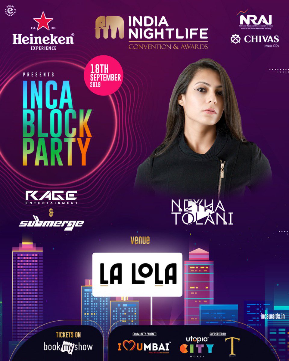 INCAwardsdotin's tweet photo. This block party is going to be a rager with @NawedKhan_ , Bullzeye, @NeyhaTolani and @noshnsj from Rage Entertainment and @Submergemusic at La Lola. You don't want to miss this one!
.
Head to the link in our bio to buy your tickets.
.
#INCABlockParty #Nightlife https://t.co/l6ubk3zC8a