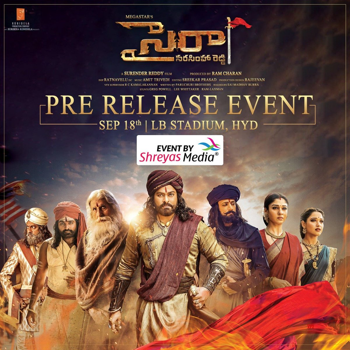 We are extremely delighted &amp; Proud to be associated with the Magnum Opus #SyeRaaNarasimhaReddy.
Massive #SyeRaaPreRelease Event by South India's No.1 Event Management Company #ShreyasMedia.

#SyeRaaPreReleaseByShreyas
#MegastarChiranjeevi <a href="/SrBachchan/">Amitabh Bachchan</a> <a href="/KonidelaPro/">Konidela Pro Company</a> <a href="/shreyasgroup/">Shreyas Media</a>