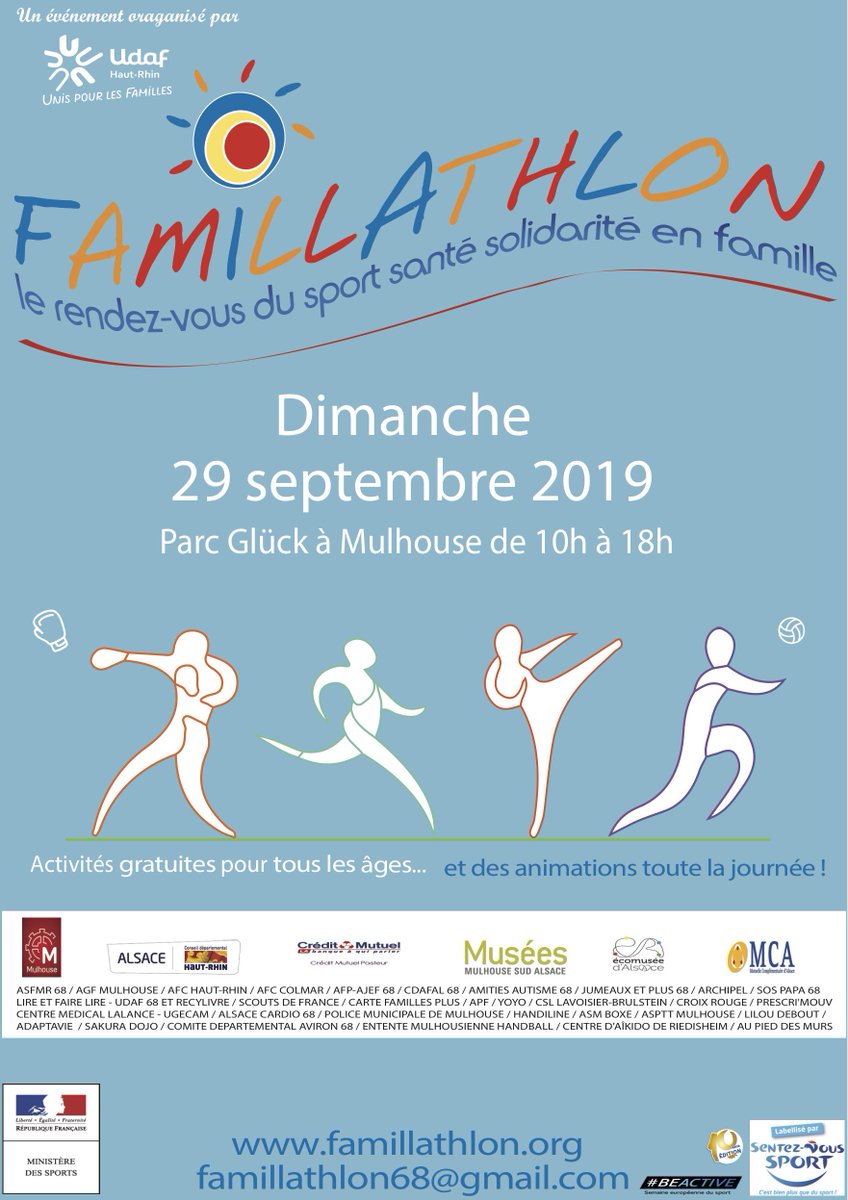 📣 Le dimanche 29 septembre 2019 aura lieu la 1ère édition du <a href="/Famillathlon_/">Famillathlon</a>  à #Mulhouse. L'occasion pour tous de faire du #sport en famille, gratuitement, et aux côtés de professeurs de sport, coachs et associations dédiées <a href="/UdafHautRhin/">UDAF Haut-Rhin</a> 
Plus d'infos : bit.ly/1LvG4hs