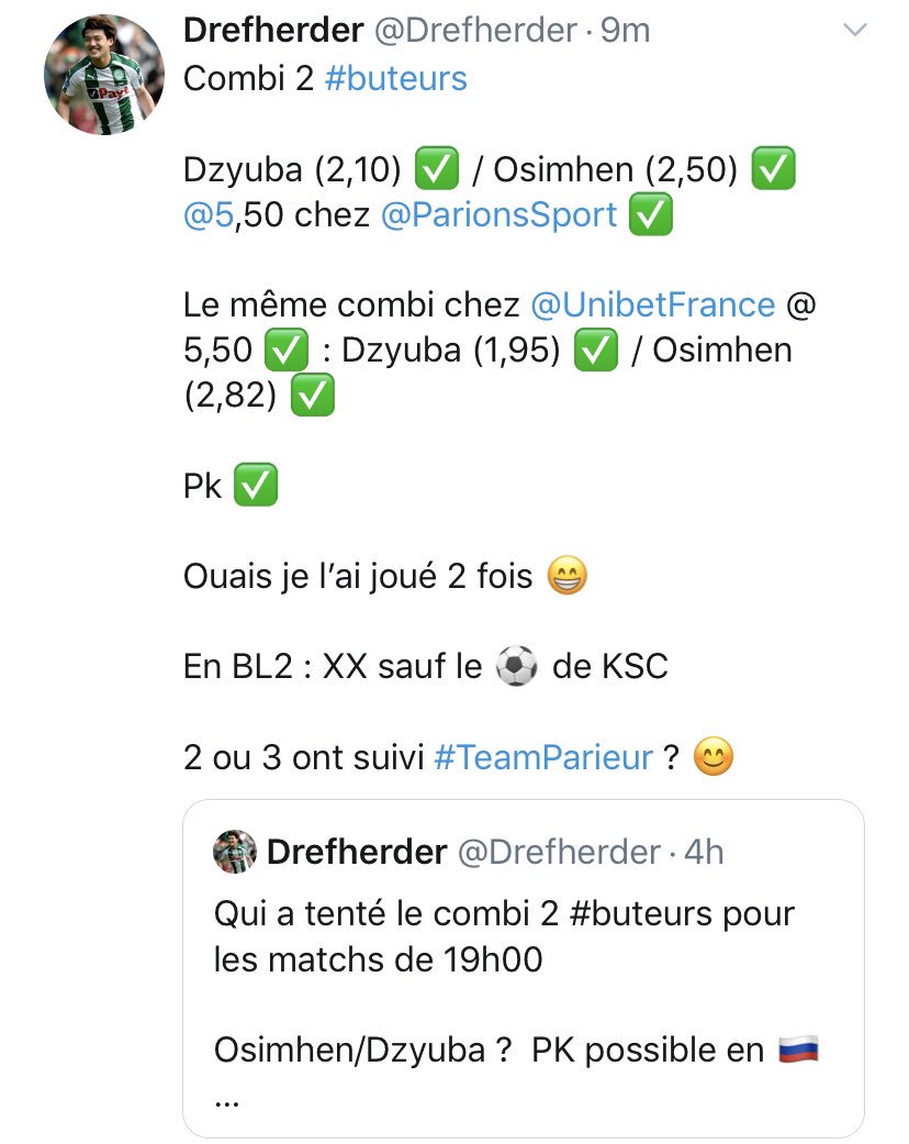 Drefherder's tweet photo. Hey #TeamParieur ! 

Hier soir on a validé deux combis 2 #buteurs sur 3 😊

Dzyuba + Osimhen (5,50 - 5,25) ✅

Weghorst + Dembélé (5,95) ✅ mis en ligne le 12/09 et validé en 30’ 😍

On remet ça ? 

52 🔁 83❤️ comme d’hab’ 😁

#football #ParionsSport 

#TeamPapaButeur https://t.co/XtHfanG8Rh