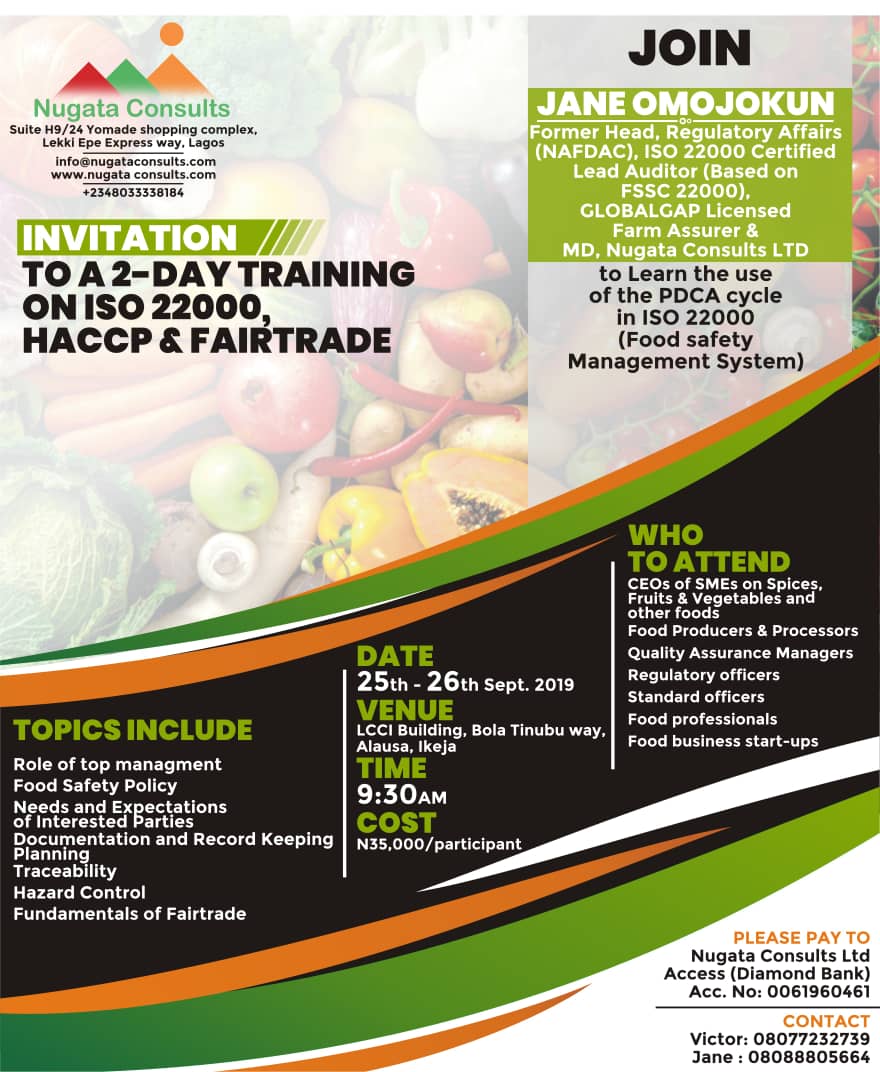 SMEs help grow the economy. Safe and quality food production helps grow your business locally and for  export. Attend our training to make the connection!
Register now:  nugataconsults.com/attend-2-day-t…