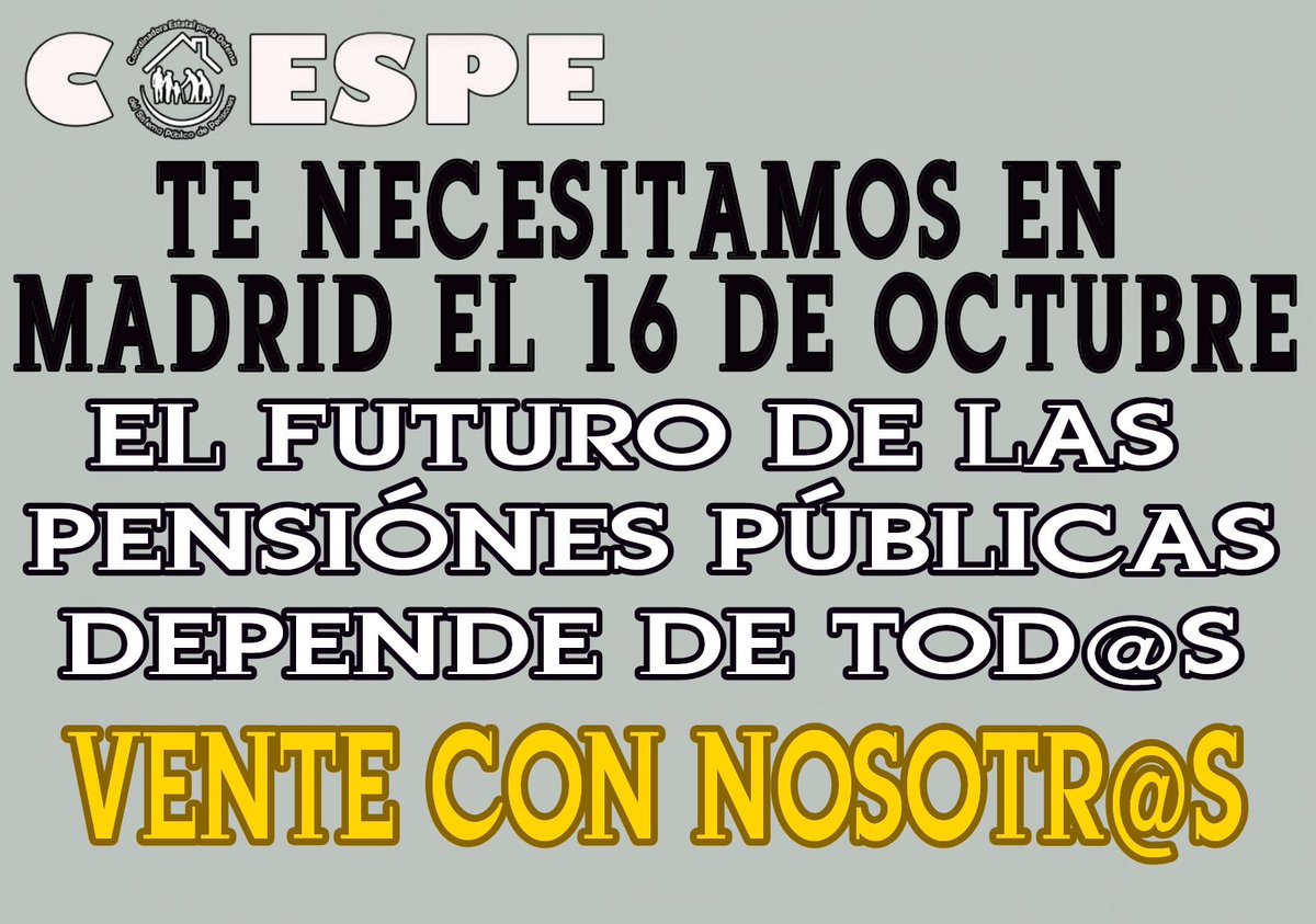 #GobiernoYa
16 OCTUBRE 11 hrs.
Puerta del Sol.
ACUDE 
APOYA
 DIFUNDE 
COMPARTE 
LUCHA 
#PensionesDignas
#NoMasPrecariedad
<a href="/ModepenL/">Mov. Defensa Pensions Públicas e do publico Lugo</a>
@DeIndignadxs <a href="/diciembreyo/">ÚPLA - LA UNIÓN.</a>
@CcPensiones
<a href="/MareaValles/">Marea Pensionista Valles Oriental</a>
<a href="/parkinglapaz/">Plataforma de Pensionistas de Barakaldo</a>
@YayosCartagena
<a href="/modepen/">MODEPEN</a>
<a href="/PensionistasSbc/">PensionistasSBC</a>
@CcPensiones
@404comunicacion