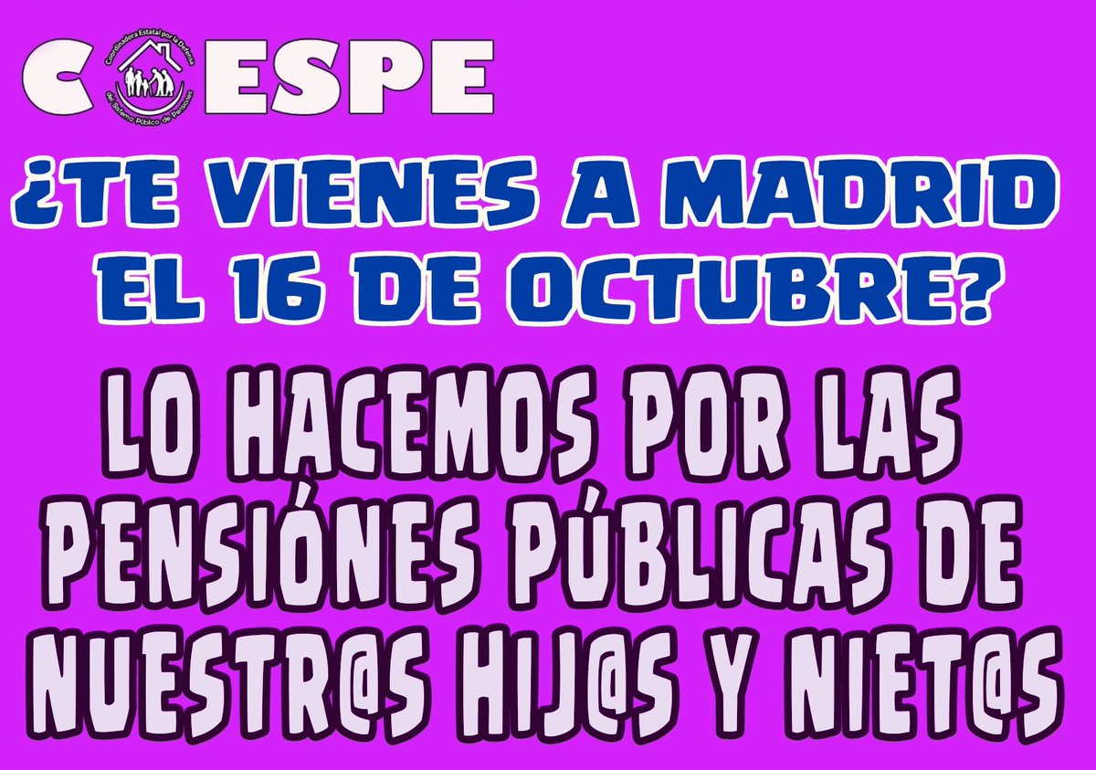 16 OCTUBRE 11 hrs.
Puerta del Sol.
ACUDE 
APOYA
 DIFUNDE 
COMPARTE 
LUCHA 
#PensionesDignas
#NoMasPrecariedad
<a href="/ModepenL/">Mov. Defensa Pensions Públicas e do publico Lugo</a>
@DeIndignadxs <a href="/diciembreyo/">ÚPLA - LA UNIÓN.</a>
@CcPensiones
<a href="/MareaValles/">Marea Pensionista Valles Oriental</a>
<a href="/parkinglapaz/">Plataforma de Pensionistas de Barakaldo</a>
@YayosCartagena
<a href="/modepen/">MODEPEN</a>
<a href="/PensionistasSbc/">PensionistasSBC</a> 
@CcPensiones 
@404comunicacion