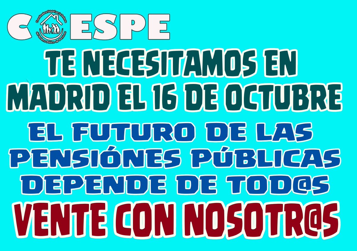 #GobiernoYa
16 OCTUBRE 11 hrs.
Puerta del Sol.
ACUDE 
APOYA
 DIFUNDE 
COMPARTE 
LUCHA 
#PensionesDignas
#NoMasPrecariedad
<a href="/ModepenL/">Mov. Defensa Pensions Públicas e do publico Lugo</a>
@DeIndignadxs <a href="/diciembreyo/">ÚPLA - LA UNIÓN.</a>
@CcPensiones
<a href="/MareaValles/">Marea Pensionista Valles Oriental</a>
<a href="/parkinglapaz/">Plataforma de Pensionistas de Barakaldo</a>
@YayosCartagena
<a href="/modepen/">MODEPEN</a>
<a href="/PensionistasSbc/">PensionistasSBC</a>
@CcPensiones
@404comunicacion