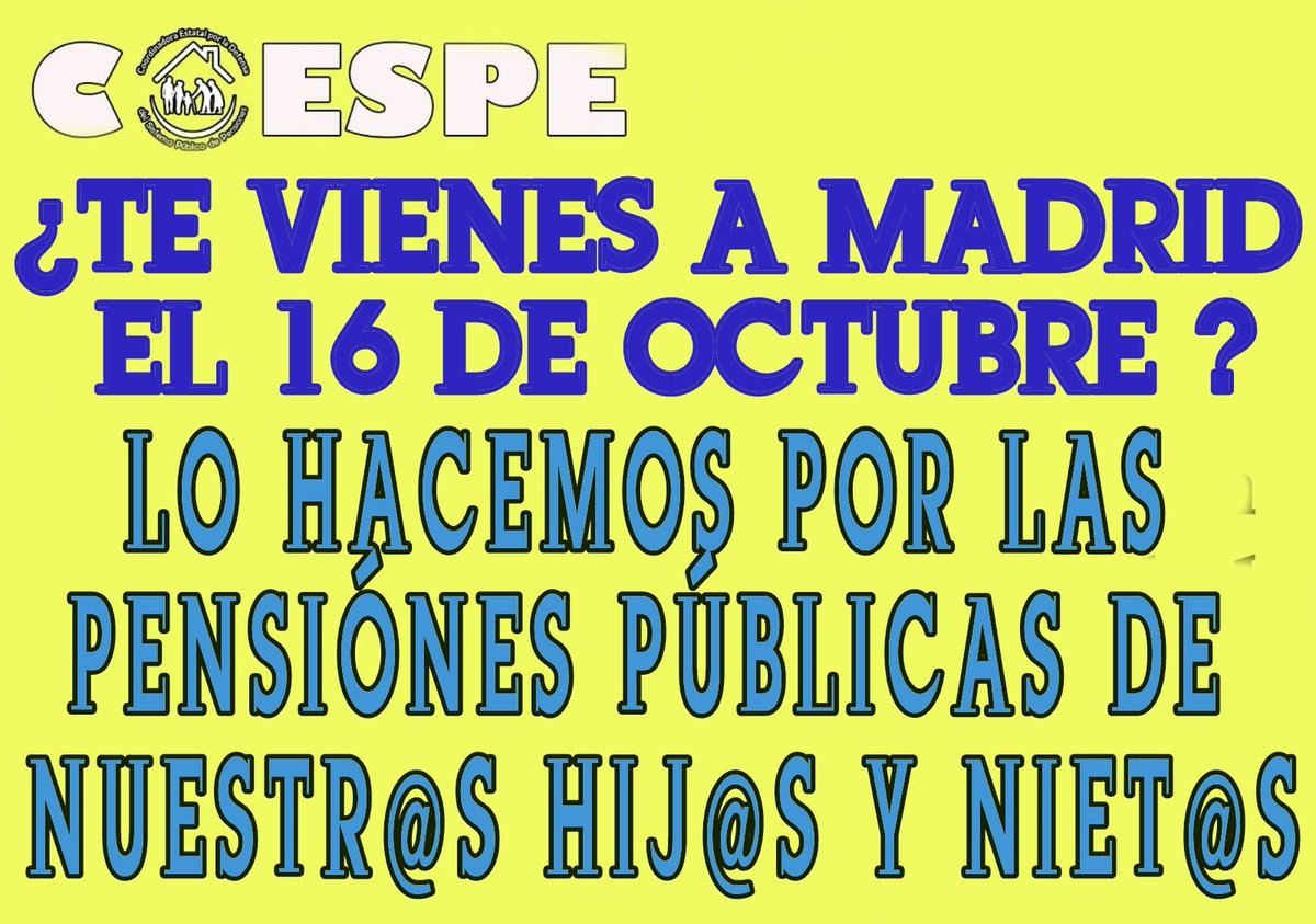 #GobiernoYa
16 OCTUBRE 11 hrs.
Puerta del Sol.
ACUDE 
APOYA
 DIFUNDE 
COMPARTE 
LUCHA 
#PensionesDignas
#NoMasPrecariedad
<a href="/ModepenL/">Mov. Defensa Pensions Públicas e do publico Lugo</a>
@DeIndignadxs <a href="/diciembreyo/">ÚPLA - LA UNIÓN.</a>
@CcPensiones
<a href="/MareaValles/">Marea Pensionista Valles Oriental</a>
<a href="/parkinglapaz/">Plataforma de Pensionistas de Barakaldo</a>
@YayosCartagena
<a href="/modepen/">MODEPEN</a>
<a href="/PensionistasSbc/">PensionistasSBC</a>
@CcPensiones
@404comunicacion