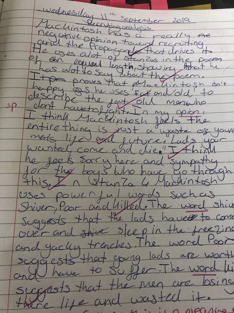 DearneKDowling's tweet photo. Saturday morning marking for Y8 ✅. Some great analysis of the poem we studied 🥳#proud #Y8 https://t.co/v4kviRuaGk