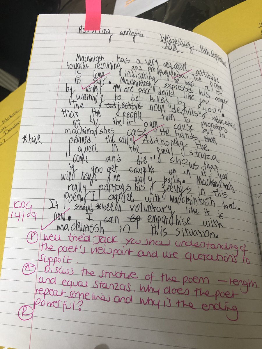 DearneKDowling's tweet photo. Saturday morning marking for Y8 ✅. Some great analysis of the poem we studied 🥳#proud #Y8 https://t.co/v4kviRuaGk