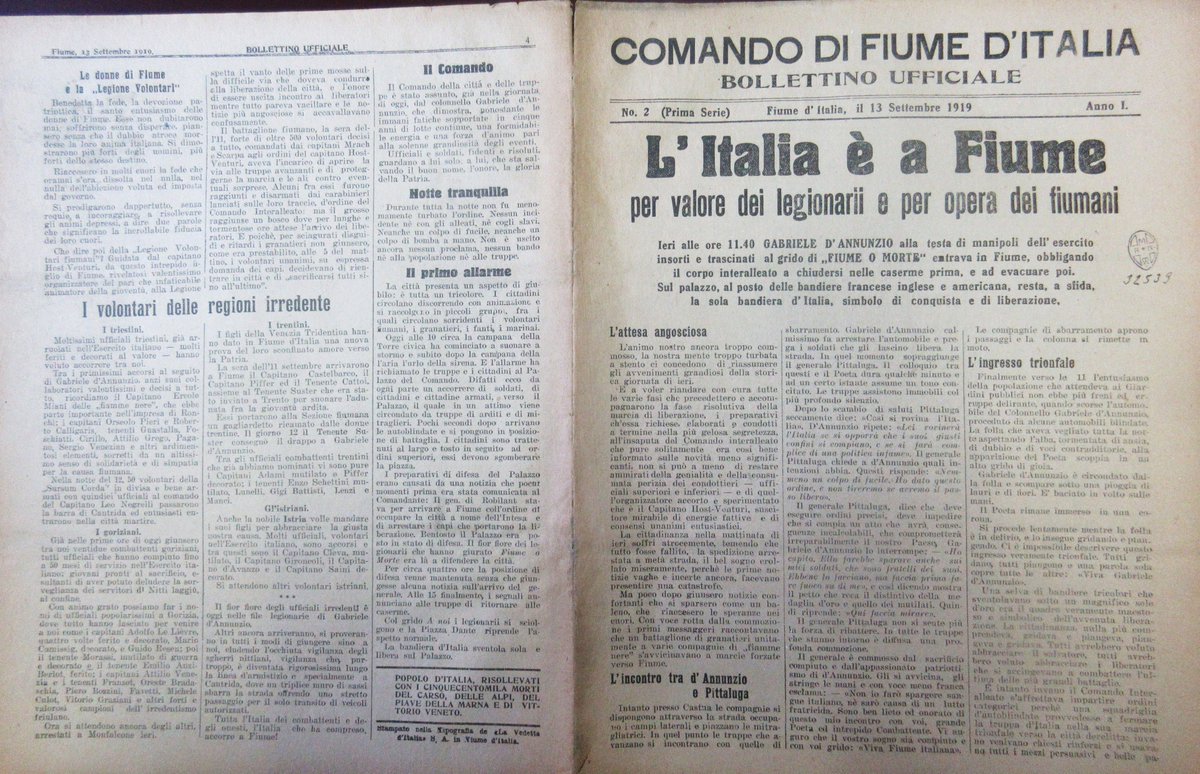 Fiume1919_en's tweet photo. September 13. Command of Fiume of Italy. Second official bulletin: «Italy is in Fiume by valor of the Legionnaires and the Fiumans». Yesterday's events are summarized: city of Fiume waiting, D'Annunzio - Pittaluga confrontation, the triumphal entrance. #Fiume1919_en #FeatOfFiume https://t.co/j9494VDwHW