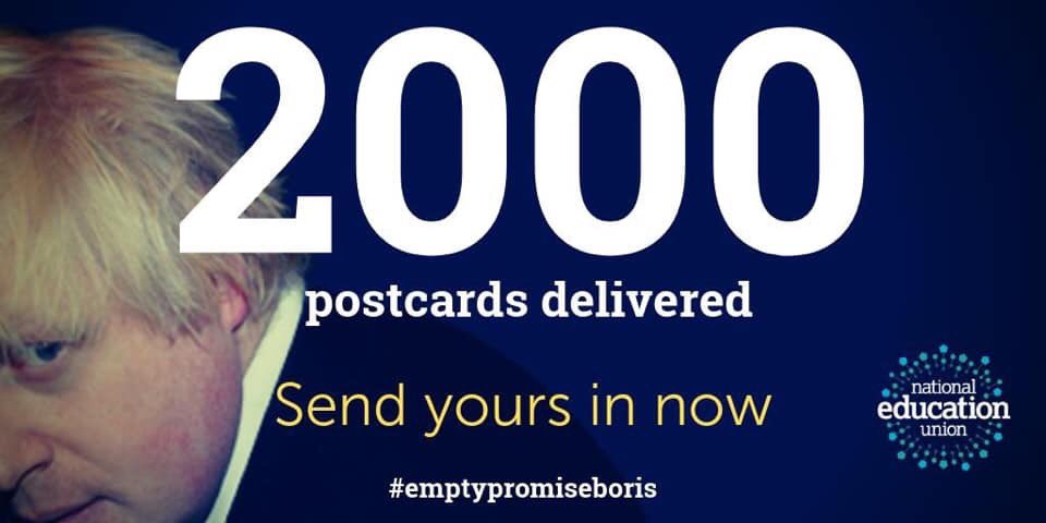 LouRegan1's tweet photo. National Education Union reps have already sent back 2️⃣0️⃣0️⃣0️⃣ #emptypromiseboris postcards. 👏🏼👏🏼👏🏼👏🏼
Order postcards for your workplace here👉https://t.co/ruO1NVHz3B
#SchoolCuts https://t.co/ByT2OnXz4N