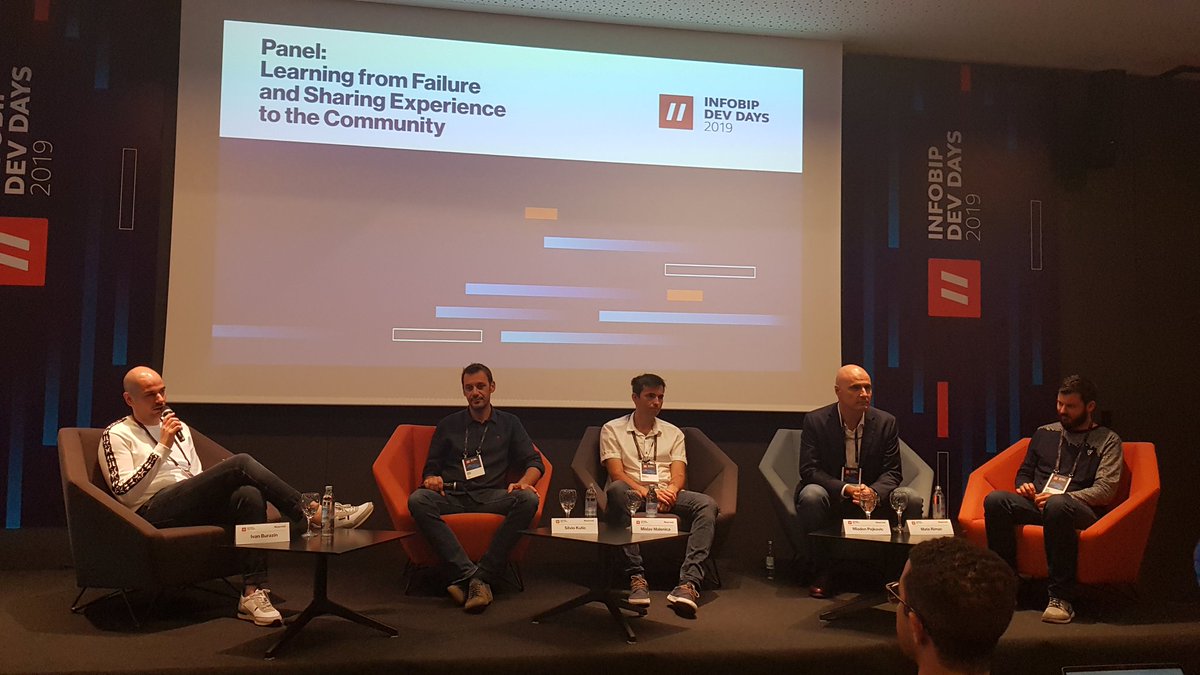 HUJAK_hr's tweet photo. Great #failure and #success stories at the panel discussion at @Infobip's #DevDays19 about "Learning from Failure and Sharing Experience to the Community" from Silvio Kutić, Mislav Malenica, Mladen Pejković and Mate Rimac, moderated by Ivan Burazin https://t.co/Cz5Xmpc0Cn