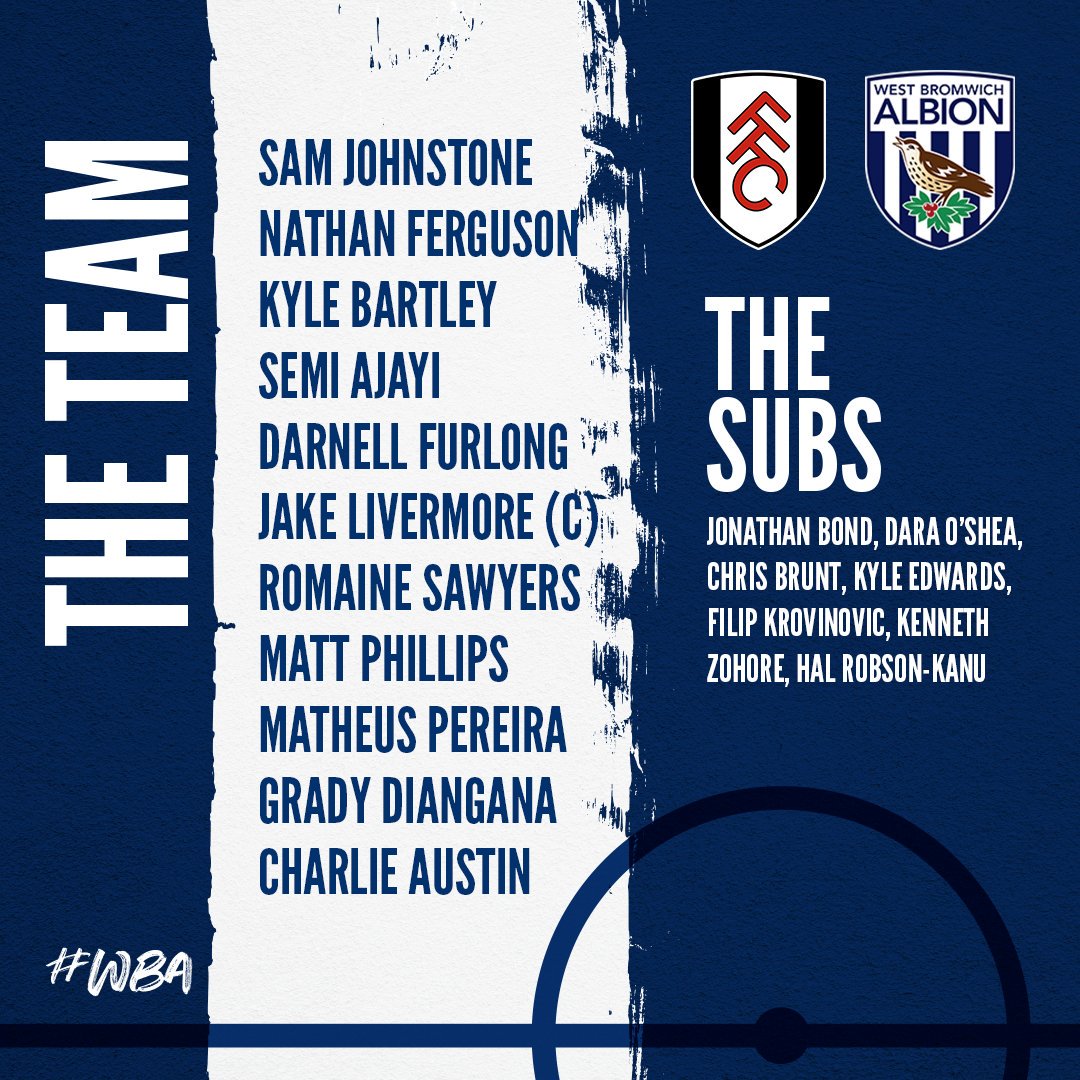 📋 Today's team news from Craven Cottage...

We're unchanged from our victory over Blackburn Rovers two weeks ago. Come on you Baggies!

#FULWBA | #WBA