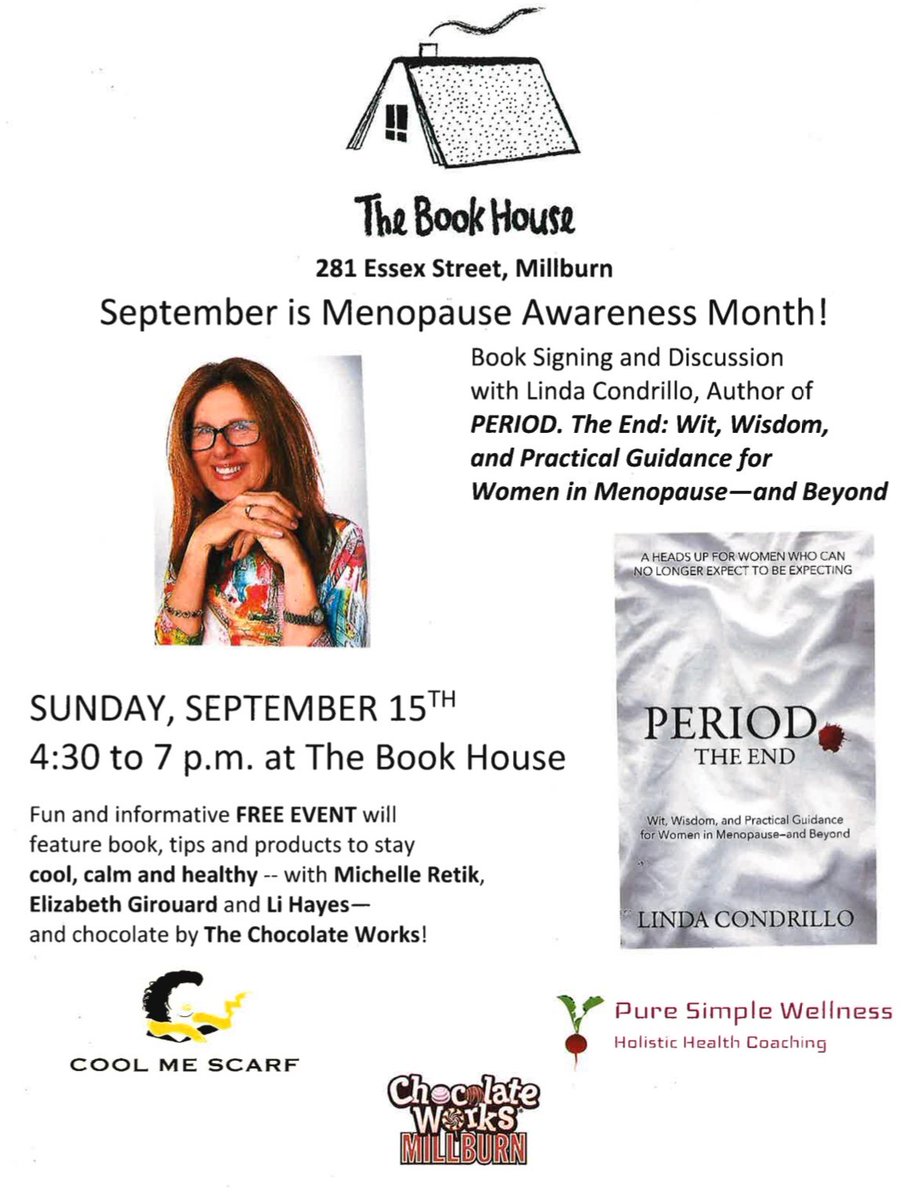 September is #Menopause Awareness Month! Lots of great stuff happening (including a reading from my book, Period. The End) at The Book House in Millburn, NJ <a href="/MenopauseTalk/">MenopauseTalk</a> <a href="/behindthewoman1/">▪︎BEHIND THE WOMAN▪︎</a> Oh, and YES, there will be #chocolate! from <a href="/cwmillburn/">ChocolateWorks</a>