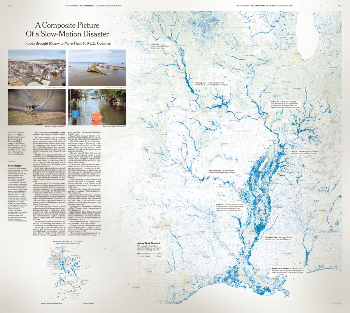 nytgraphics's tweet image. In the print edition of the Saturday NYTimes, a full-page+ version of our composite map showing areas of the central U.S. that flooded earlier this year.

Web story is here:
nytimes.com/interactive/20…