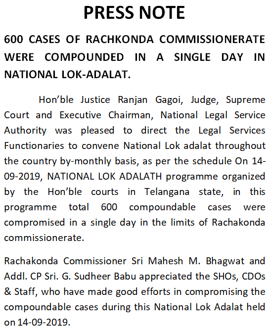 MalkajgiriCop's tweet photo. #600Cases of #RachkondaCommissionerate were compounded in a #singleday in #National lok-adalat.
@TelanganaDGP @cyberabadpolice https://t.co/JGw6feSWSM