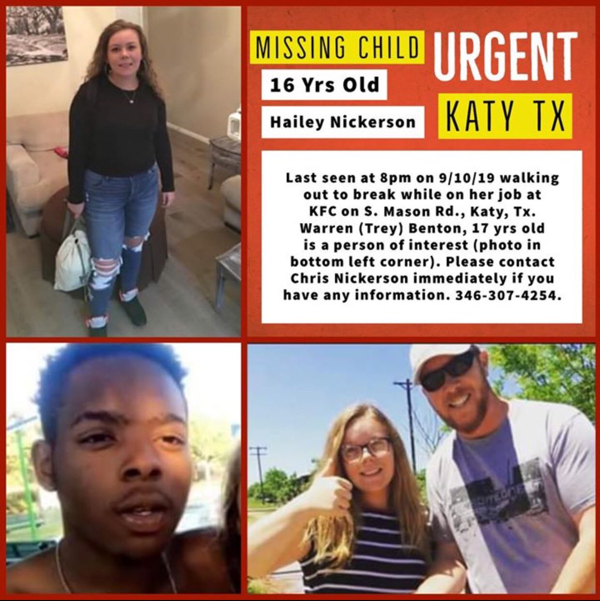 Please help me find my daughter in Katy Texas!! She is in potential danger of becoming part of a sex trafficking “grooming” process.  She has been missing for four days now, and I desperately need everyone’s help trying to get her home.#haileyismissing