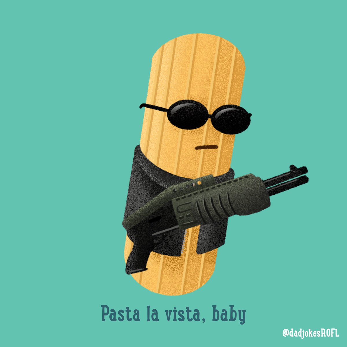 itsbriancreates's tweet photo. Pasta la vista, baby
~
#dadjoke #dadjokes #illustration #digitalart #procreate #punny #humor #puns #rofl #dadhumor #pasta #foodkokes #cookingjokes #noodles #terminator #arnoldschwarzenegger #hastalavista #shotgun #gunjokes #penne #spanishmemes https://t.co/25RVeMHkFm