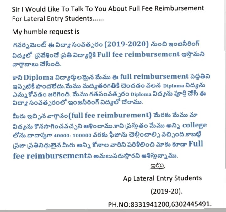 AshokRe75093978's tweet photo. #AlsoUS #FullfessReambersment #ForLateralEntrystudents ...my humble request to @ysjagan sir and @VSReddy_MP sir please read the letter ...and support us https://t.co/2lfzQBW4JU