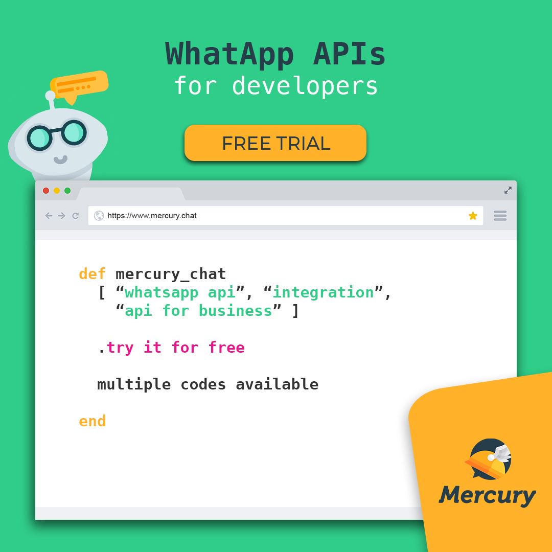 Mercury_chat's tweet photo. Do you need to integrate #WhatsApp into your business strategy?
Find out @Mercury_chat the alternative WhatsApp APIs provider 🤓 
➡️ https://t.co/1AbMhPl8a9
#WhatsApp #whatsappbusiness #whatsappapi #API #Developer #developers #DeveloperCommunity https://t.co/NA4z7SUpEx