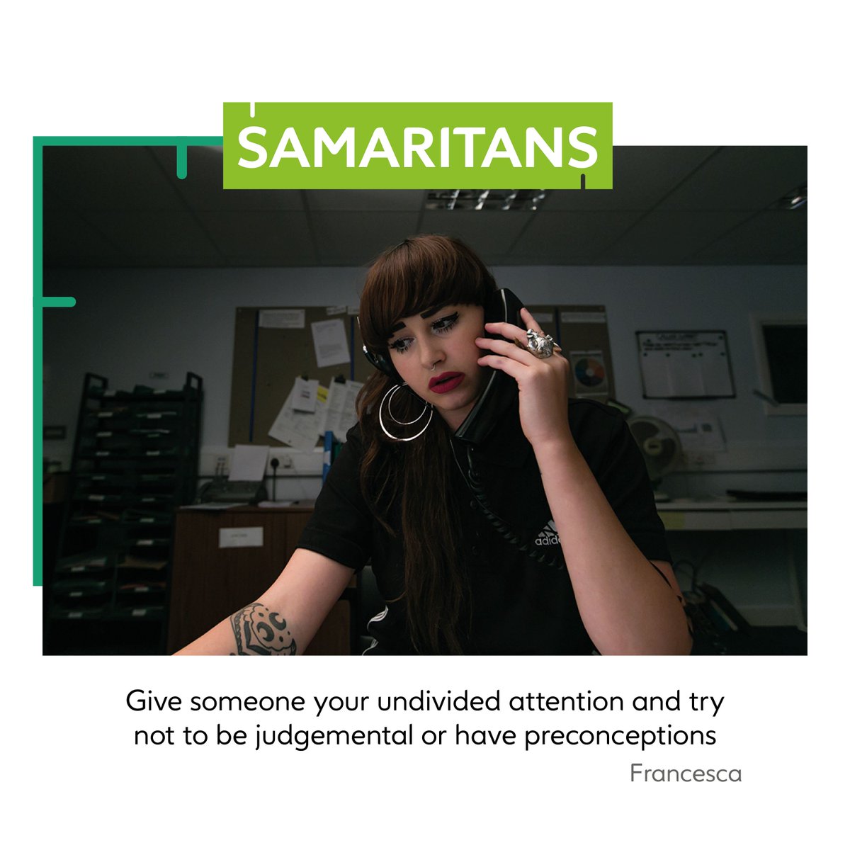 LGSSamaritans's tweet photo. "Give someone your undivided attention and try not to be judgement or have preconceptions" - Francesca. A photo from @phil_job's #FirstDuty exhibition showing real Samaritans answering real calls. Visit the @outofthebrew_ #gallery in #NewCross to see more https://t.co/EA0g1zRFc6