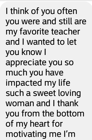 MsYoungcmms's tweet photo. I taught this incredible young lady 10 yrs ago. She took the time to find me on FB and send me this message. Never doubt the impact you have on a student. #imadeadifference #WhatStartsHereChangesEverything 
#itouchthefuture https://t.co/Kl4IDHbqRp