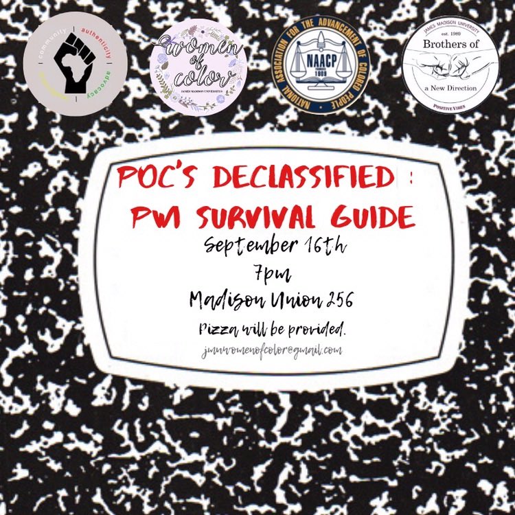 Monday we’re having a class that you don’t want to miss. Make sure you catch us <a href="/woc_atjmu/">Women of Color</a> <a href="/JMUNAACP/">NAACP JMU Chapter</a> <a href="/JmuBond/">JMU B.O.N.D</a> at our panel about life at a PWI as a POC. Hope to see you there!