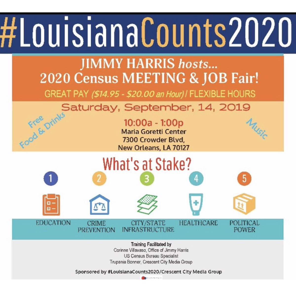 jimmy4nola's tweet photo. JOIN ME TODAY!
I’m hosting a U.S. Census Meeting & Job Fair is taking place St Maria Goretti Center from 10am-1p. Come out to hear about the #2020Census & apply to work flexible hrs w/great pay ($14-$20 an hr) #YOUCOUNT! #LetYourVoicesBeHeard #LouisianaCounts2020 #JimmyHarris https://t.co/CI71vQbQ8M