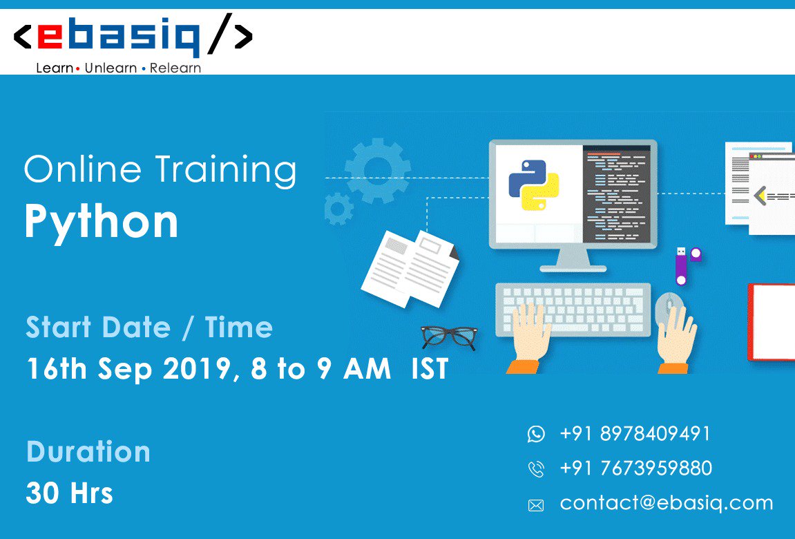 ebasiq19's tweet photo. Python Online Training

Duration : 30 Hours
Start Date: Sep 16th 2019 https://t.co/oTzypsULCW