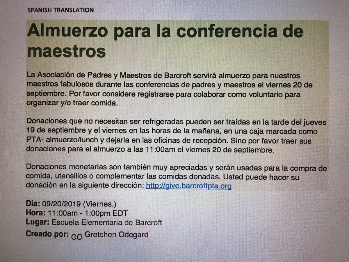 BiBaChat1's tweet photo. Si puede donar comida para el amuerzo de los maestros le dice a la Sra Marcela/ please let Marcela know if you’d like to donate food for the staff lunch on Friday https://t.co/3fAAoSN6Ag
