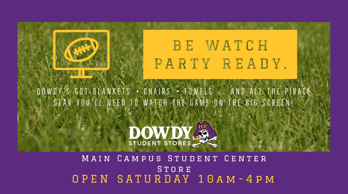 ECUDowdy's tweet photo. Watch ☠️🏈 on the big PirateVision screen this afternoon at MCSC! Dowdy’s open 10a-4p today for ECU blankets, chairs, towels &amp; Pirate gear to watch the game in comfort &amp; style! 💜💛 #ECU #ECU23 #ECU22 #ECU21 #ECU20 #ECUSPC #ECUPirateClub #PirateNation #ECUfootball https://t.co/XOYGhCXLYF