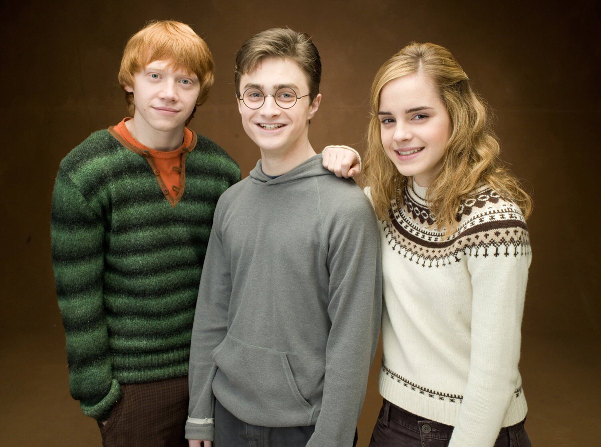 Emma Watson is the youngest of the trio actors while Hermione Granger is  the oldest of the trio., image size:1200x894